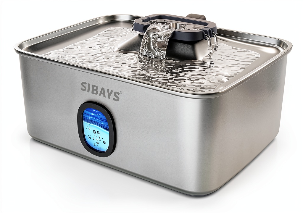 SIBAYS stainless steel pet water fountain on a kitchen floor
